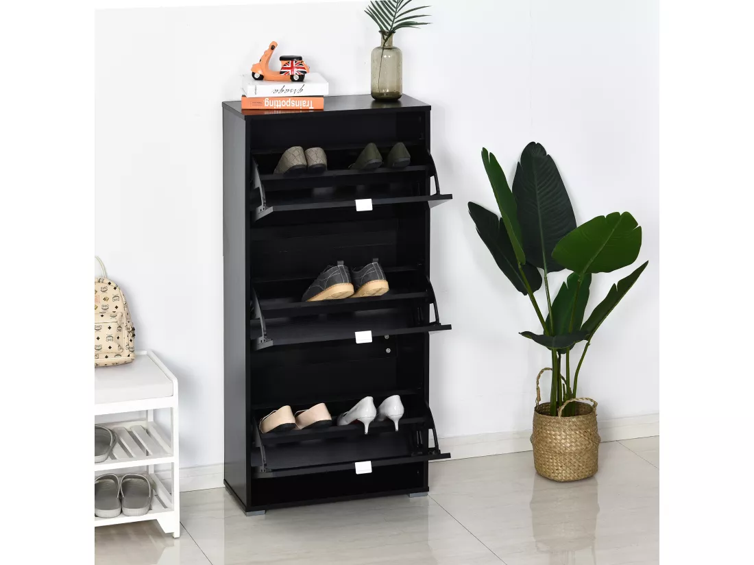 Meuble à chaussures 3 portes abattantes 3 compartiments MDF noir laqué