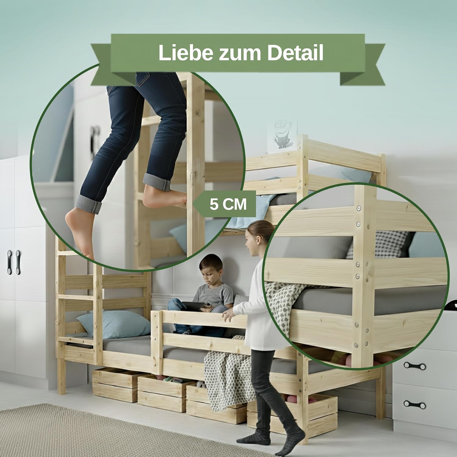 Interbeds Etagenbett Erik 200x90 Stockbett aus Kiefernholz Hochbett roh mit Leiter mit Lattenrost Naturholz Jugendbett Kinderbett für 2 Personen, teilbar in 2 Einzelbetten (Naturholz, 200x90)