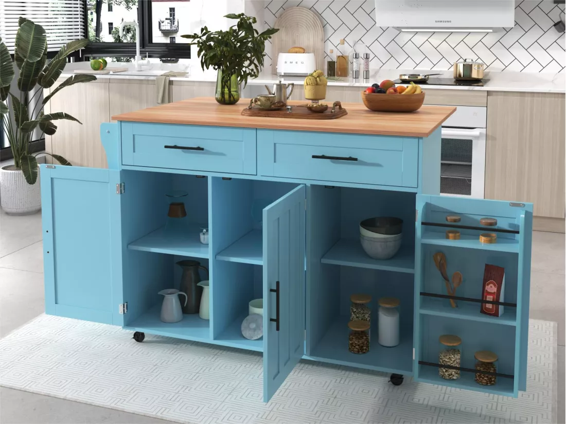 Ilot central de cuisine mobile - Plateau extensible - 2 tiroirs + portes d'armoire de rangement - Bleu Ciel