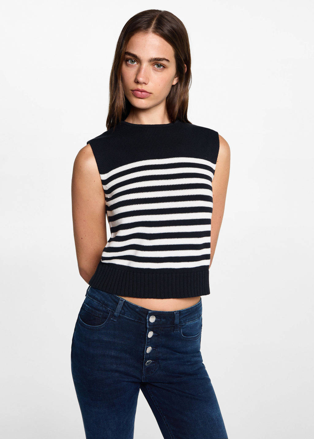 MANGO TEEN gestreepte mouwloze top donkerblauw/wit