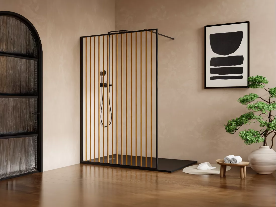 Paroi de douche à l'italienne en aluminium - Effet bois et noir mat - 120 x 200 cm - TOPEKA