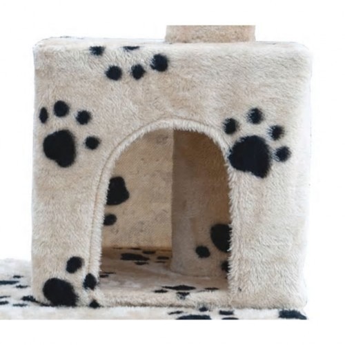 Poste arranhador de pelúcia para gatos, bege, com estampa de patas.