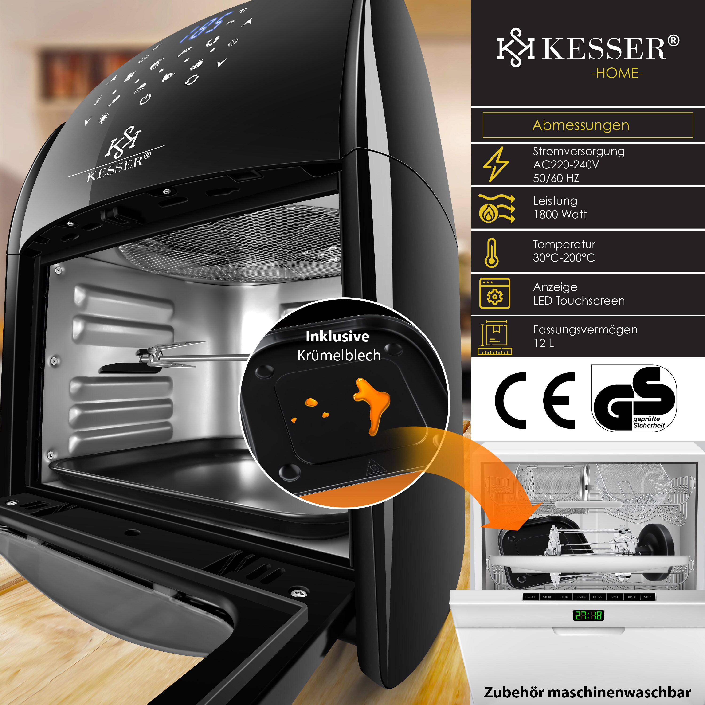 KESSER® XXL Airfryer 9in1 Heißluftfritteuse Fritteuse Drehgrill Mikrowellen Rezeptheft Grillspieß 1800 Watt fettfrei grillen 8 Programme inkl. Zubehör