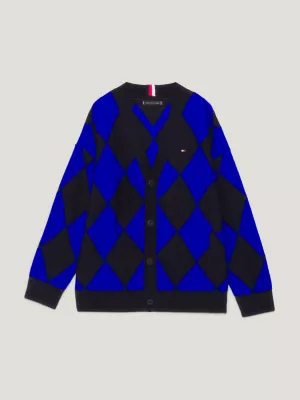 Cardigã oversized de lã com estampa argyle em tons sobre tons.
