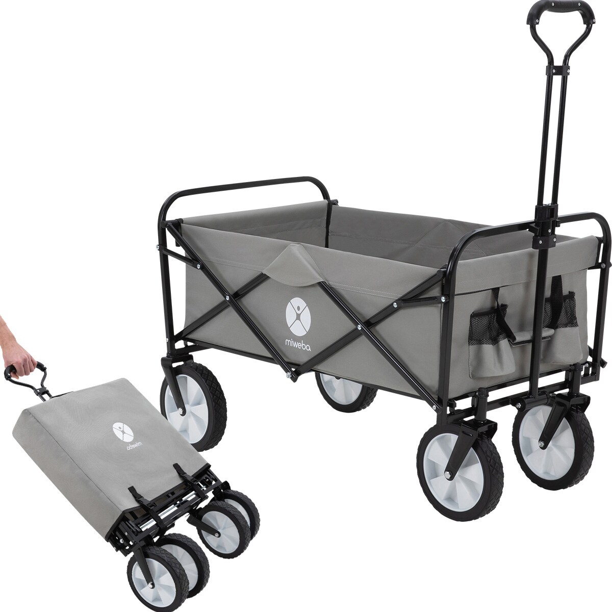 Miweba Bollerwagen MB-35, faltbar, bis 120 kg, Teleskop-Lenkstange, 360°-Räder, Tasche, Stahlrahmen (Grau)