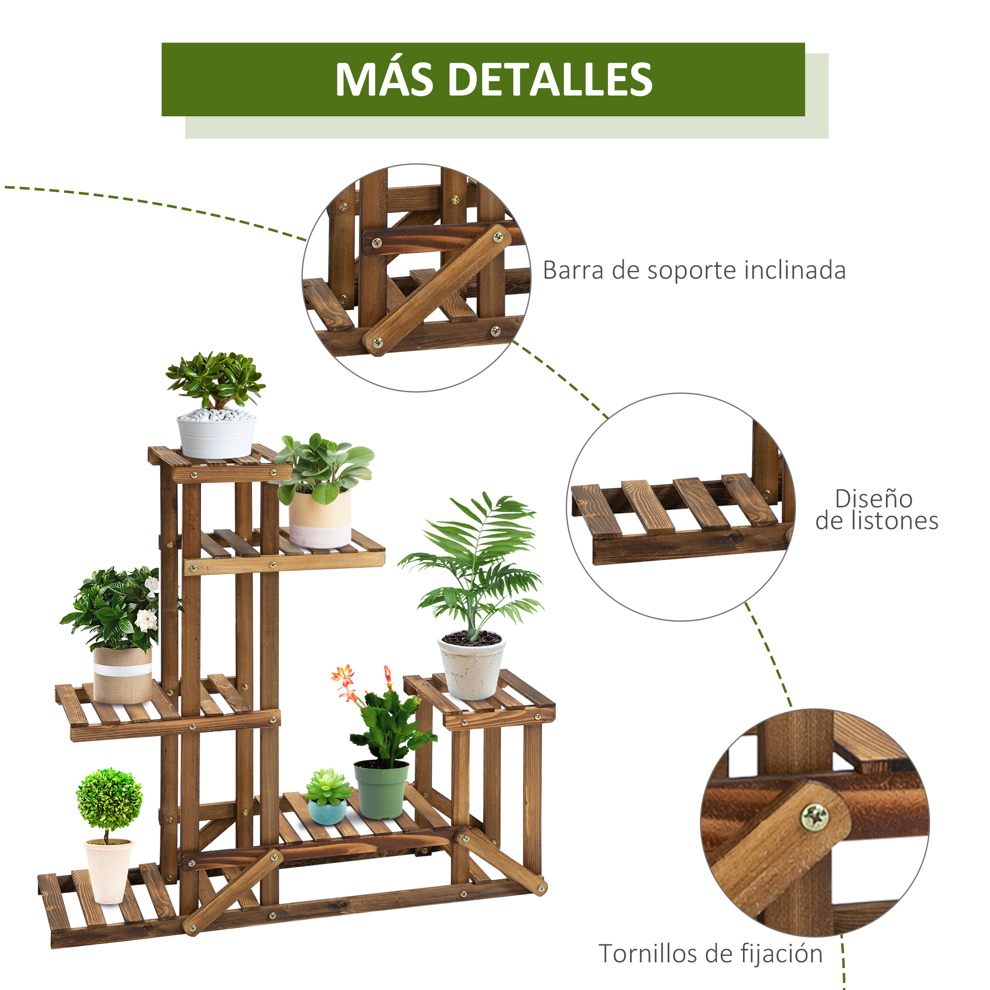 Suporte de madeira Outsunny para flores, prateleira decorativa para vasos de plantas com 6 prateleiras, para uso interno e externo em jardins, varandas e terraços, 95x28x96,5 cm, acabamento carbonizado.