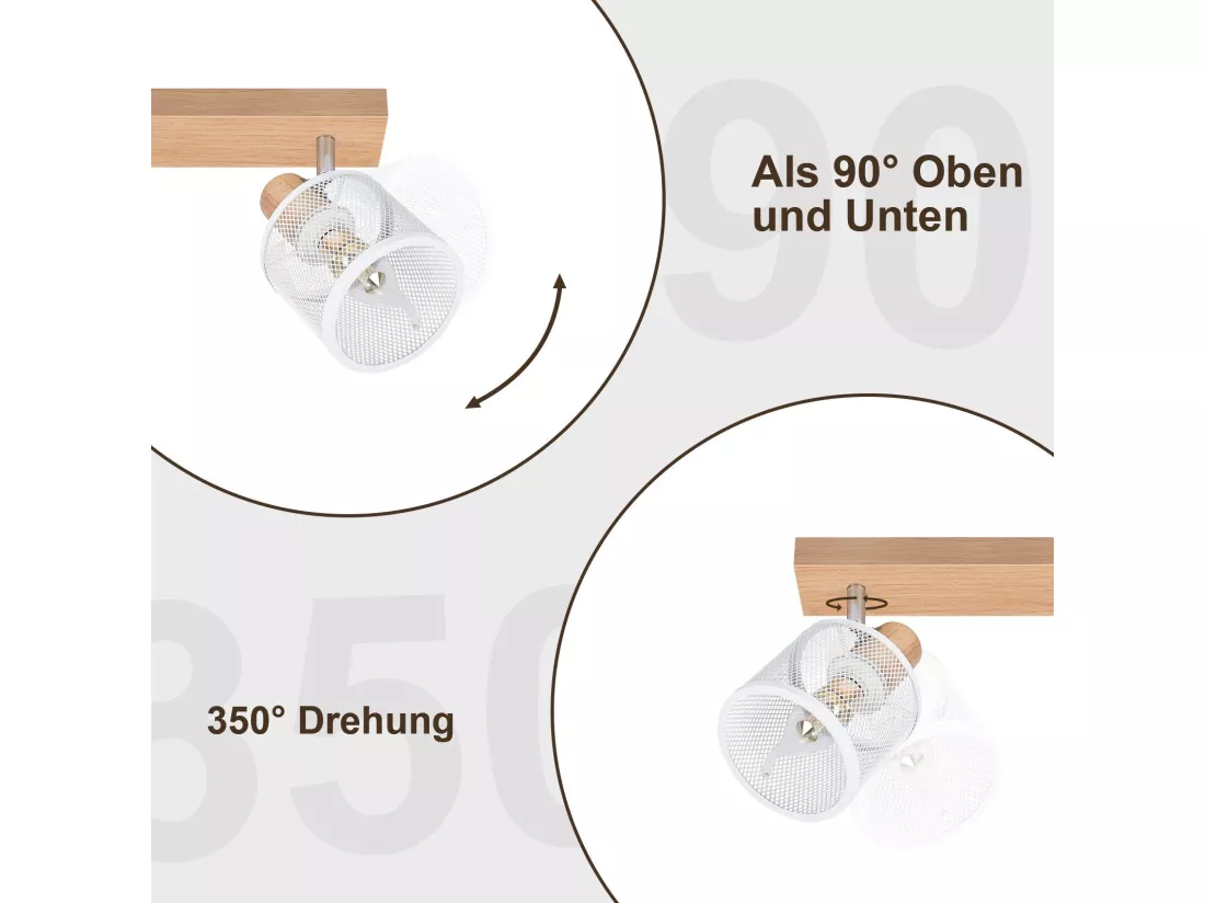 NETTLIFE Plafonnier 2 Spots blanc aspect bois - plafonnier E14 orientable 350° 4 ampoules max 25w moderne pour salon chambre cuisine.