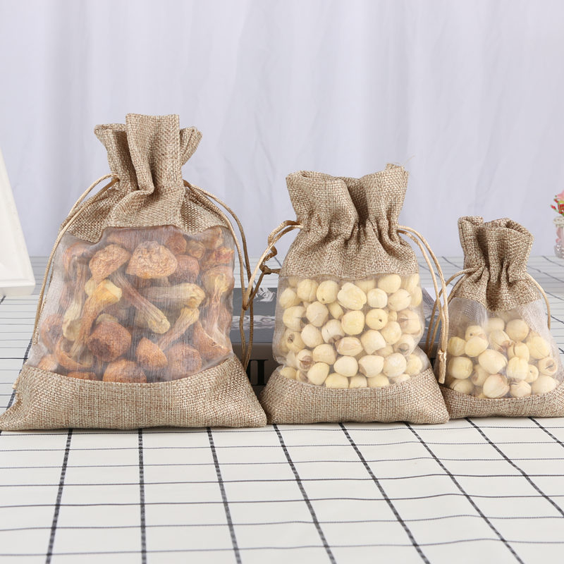 (10er Set) 14x10cm Jute Geschenk Beutel Gift Bag mit Kordelzug / Sichtfenster - Natur