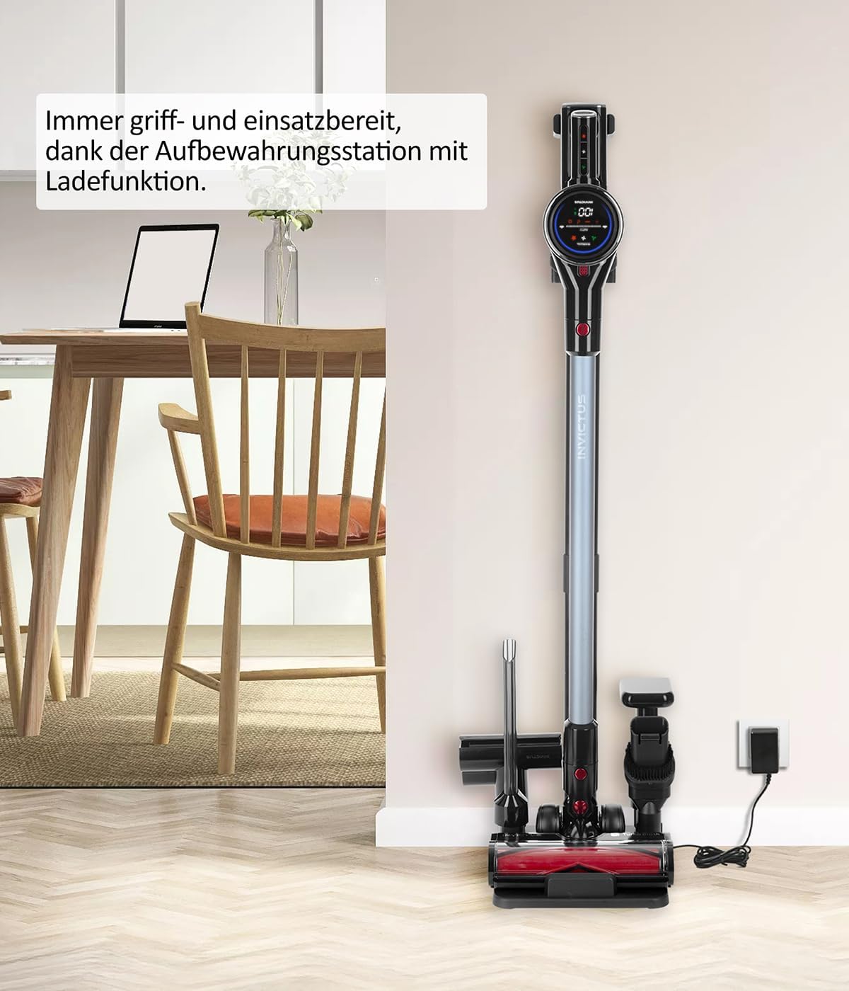 Genius Invictus X9 Facelift Staubsauger Kabellos 20-TLG., Akku Staubsauger bis zu 55 Min Teppich Tierharre Auto Hartböden, HEPA Filter, LED, Stielstaubsauger Touchscreen, Ladestation, Bürste Set