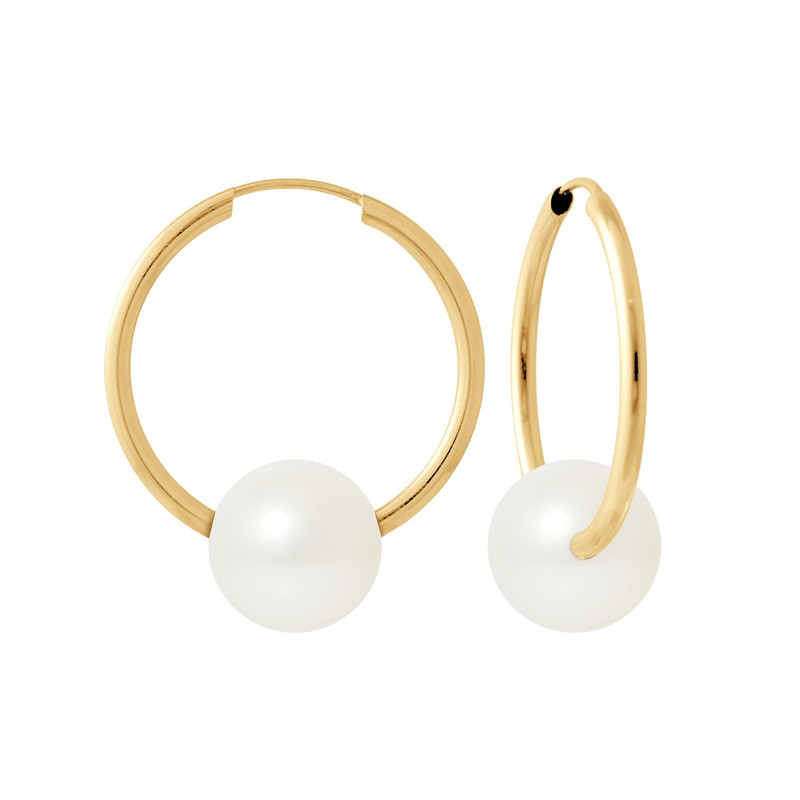 Boucles d'Oreilles Petites Créoles Perles de Culture Blanches et or jaune 750/1000