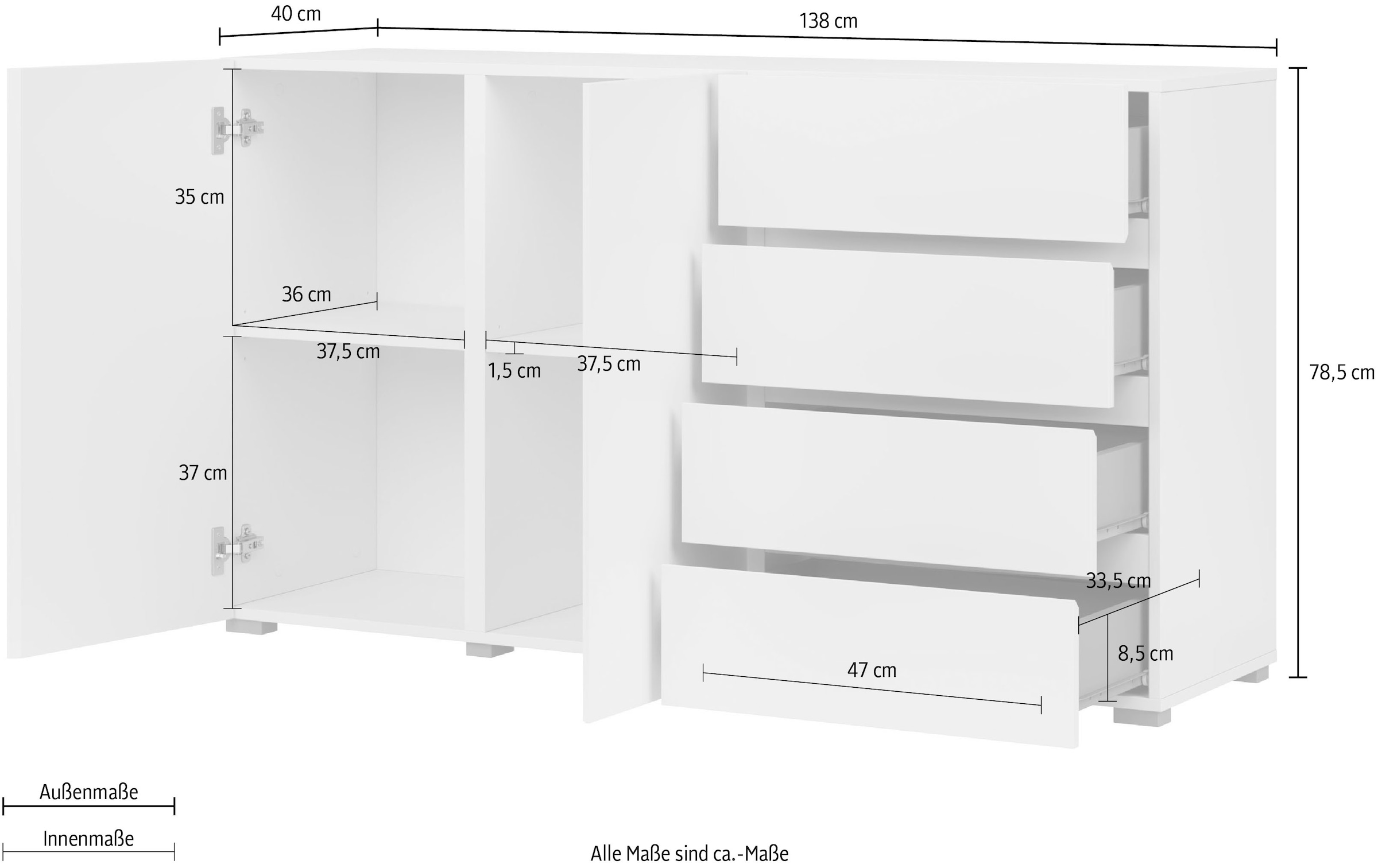 INOSIGN Sideboard »Metric,Breite 138 cm, grifflose Kommode 2 Türen/4 Schubkästen« Schubladenschrank mit viel Stauraum, Einlegeböden verstellbar