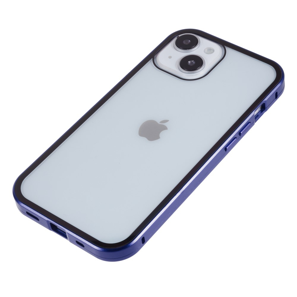 iPhone 14 Magnetische Alu Schutzhülle mit Panzer Glas Backcover   Privacy Glas Displayschutz (Magnet-Technologie) - Dunkelblau