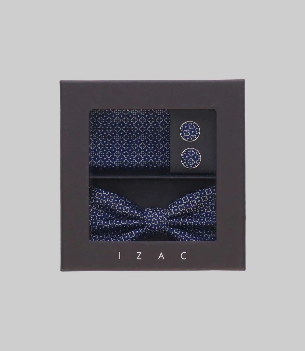Coffret noeud papillon, pochette, bouton de manchette marine TIMOTE