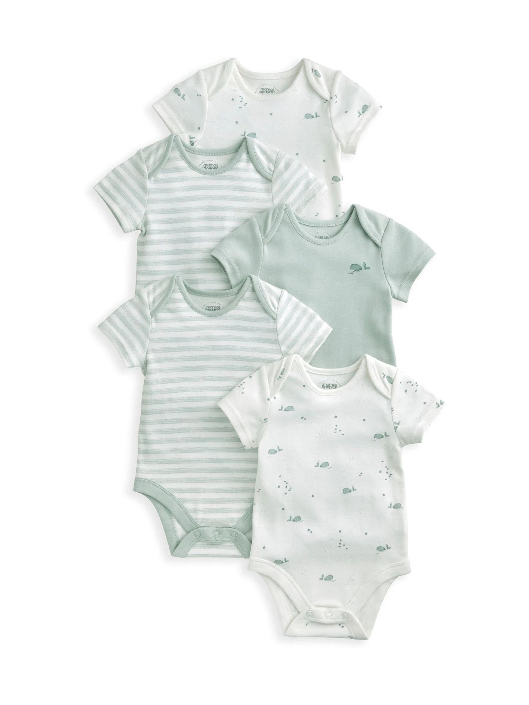 Blauw - Mamas & Papas blauwe 100% katoenen rompertjes met korte mouwen en walvisprint, 5 verpakking