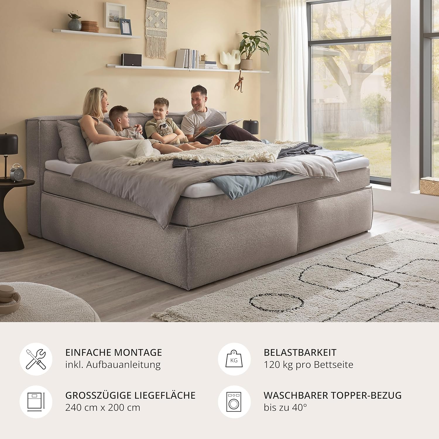 Boxspringbett Sandon Familienbett 240x200 in Stone – Duo-Wendematratze H3/H4 mit 7-Zonen-Tonnentaschenfederkern, 6 cm Topper & komfortable Liegehöhe 70 cm