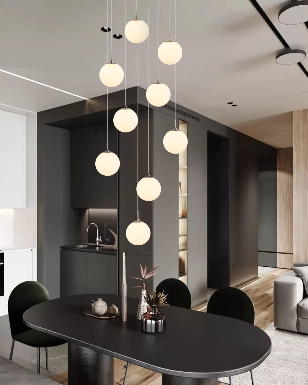 H.W.S Pendelleuchte Modern Treppenhaus Kugel Hängeleuchte Esstisch G9 Kronleuchter, Höhenverstellbar,Designer Deckenlampe,Weiss LED Hängelampe Wohnzimmer Villa Küchen Flurlampe,Retro Lampe (9 flammig)