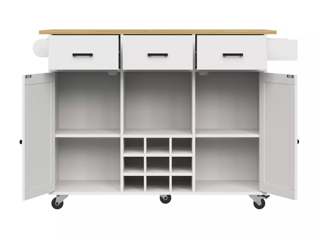 Ilot central de cuisine - chariot à roulette avec plateau extensible - 3 tiroirs et 2 portes - Blanc