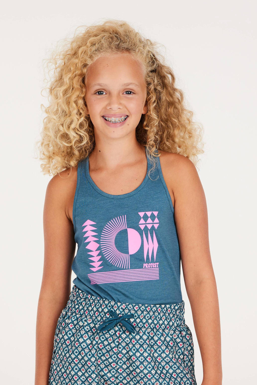 Protest singlet met printopdruk middenblauw/roze