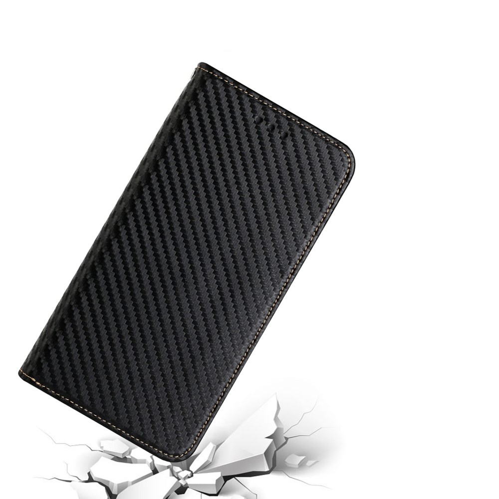 iPhone 15 Leder Tasche Flip Cover Carbon Look - Schwarz