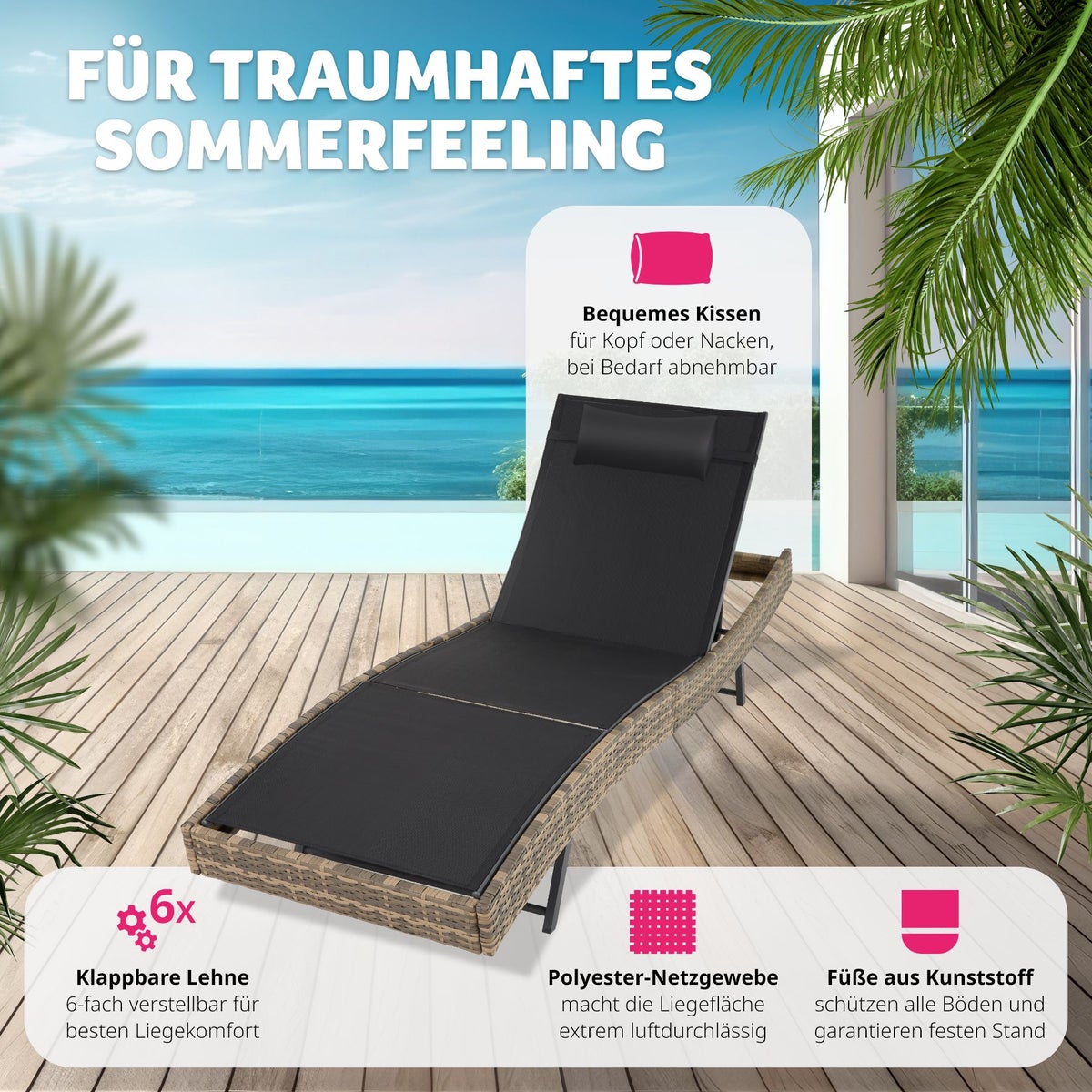 Rotan ligstoel tectake Moana, duurzaam en UV-bestendig, 69 x 211 x 41 - 94 cm