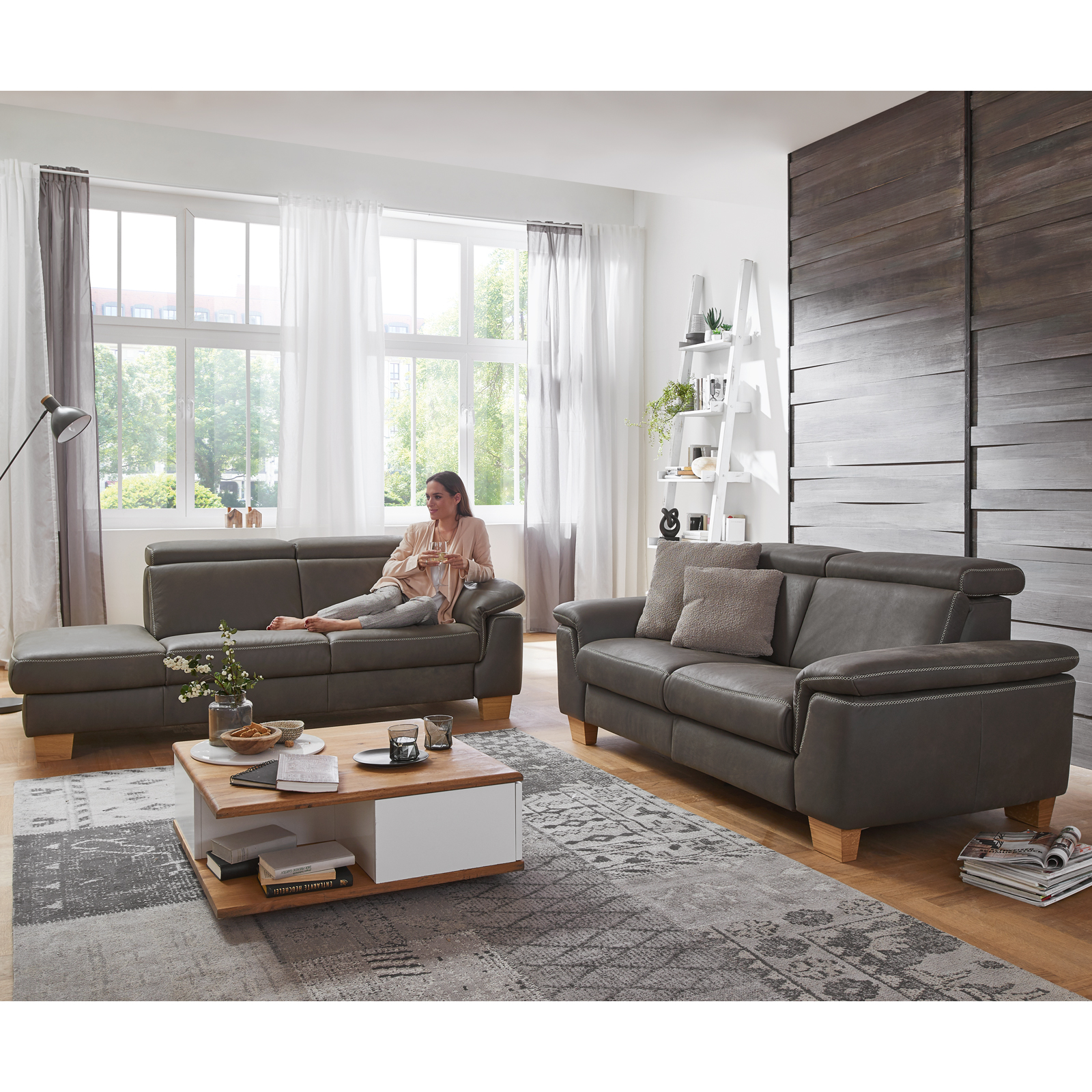 polsterpower 2,5-Sitzer Ledersofa - grau