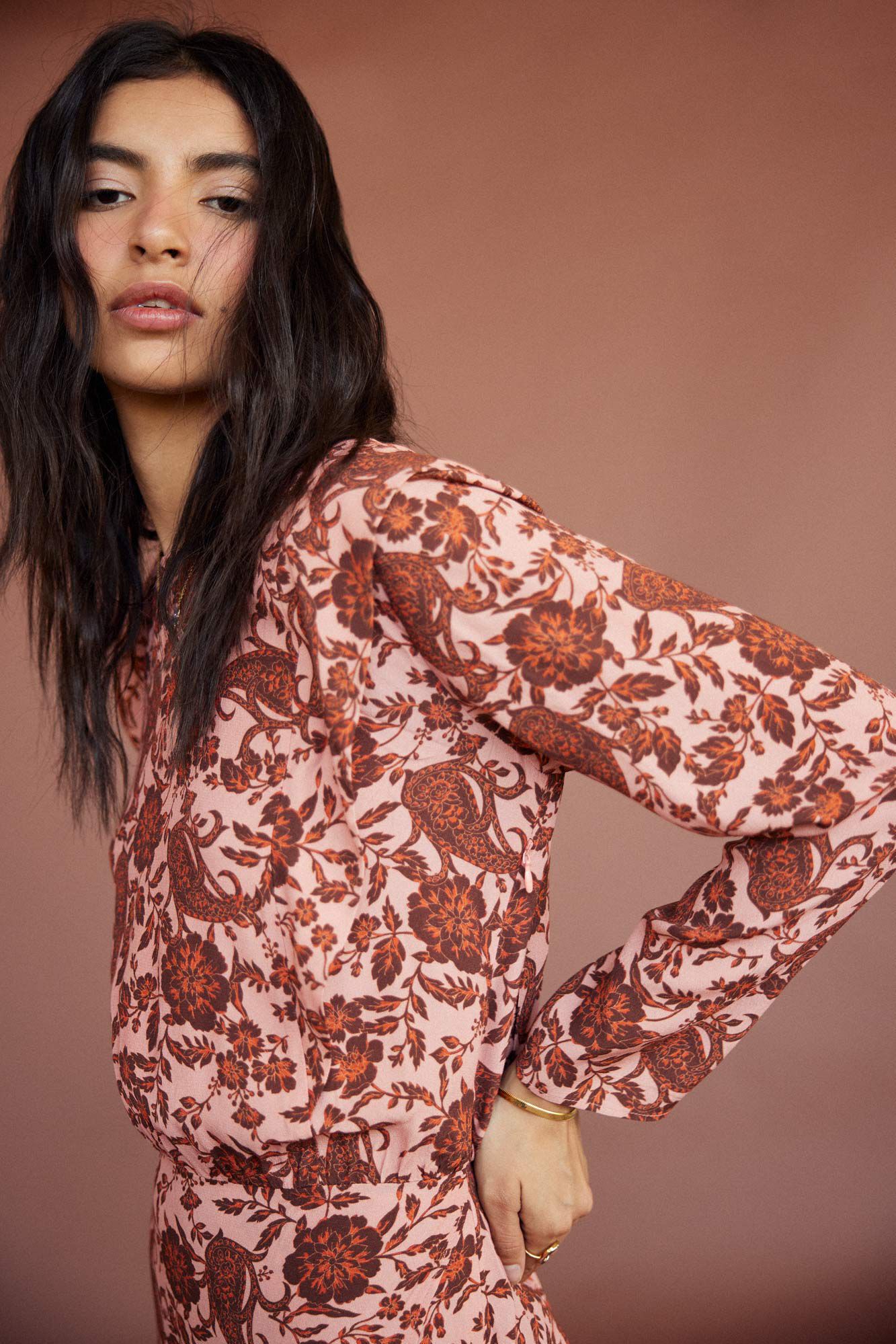 Vestido longo estampado de manga comprida - Estampa bege