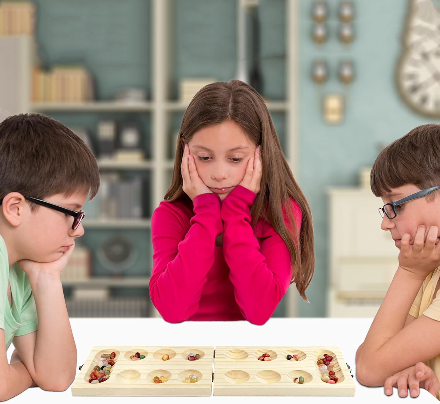 (51-tlg. Set) Holz Edelstein Mancala Brettspiel Steinchen Chess Kalaha Schach für Familien / Kinder - Braun / Bunt