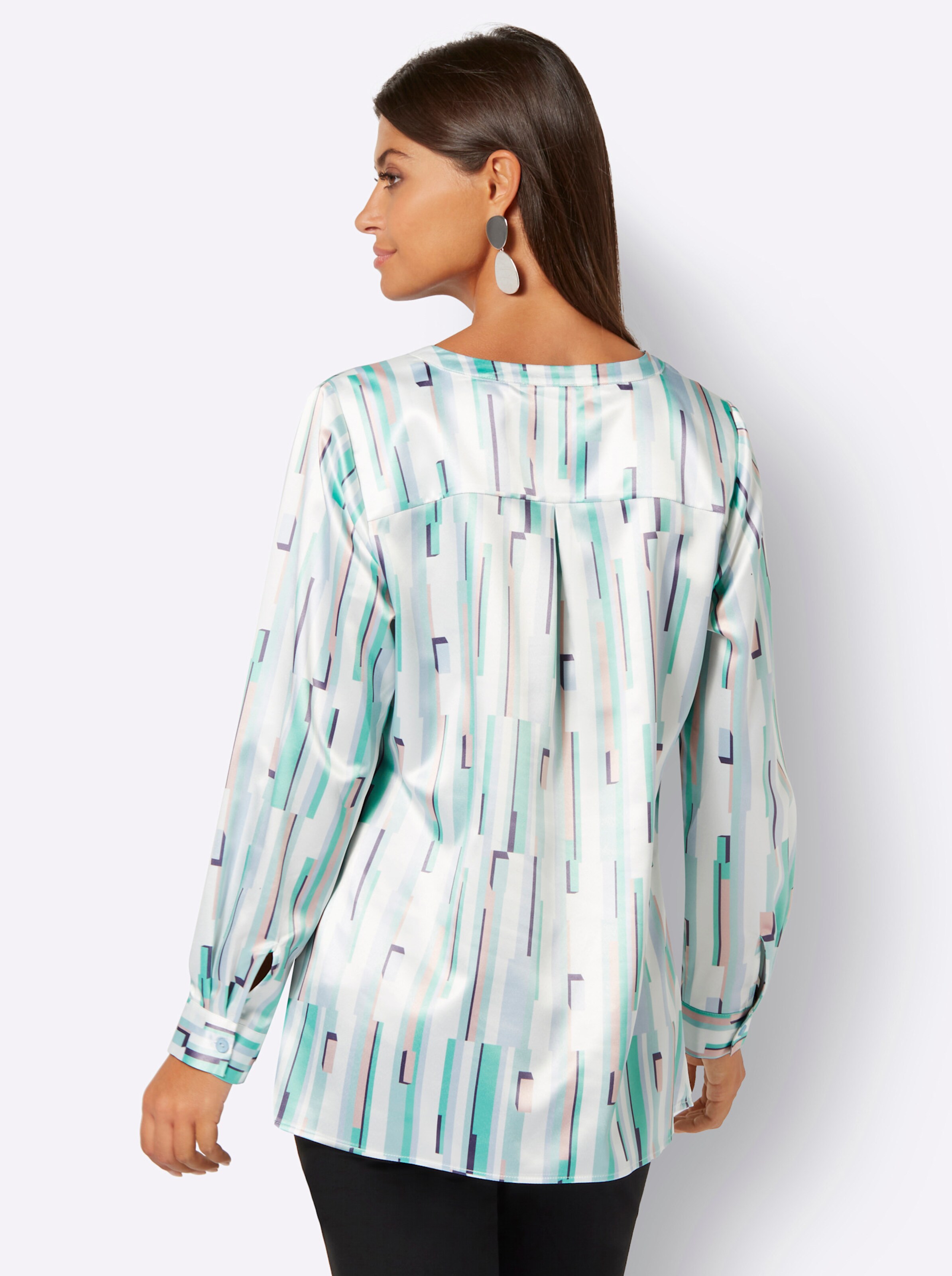 Longbluse in ecru-hellblau-bedruckt