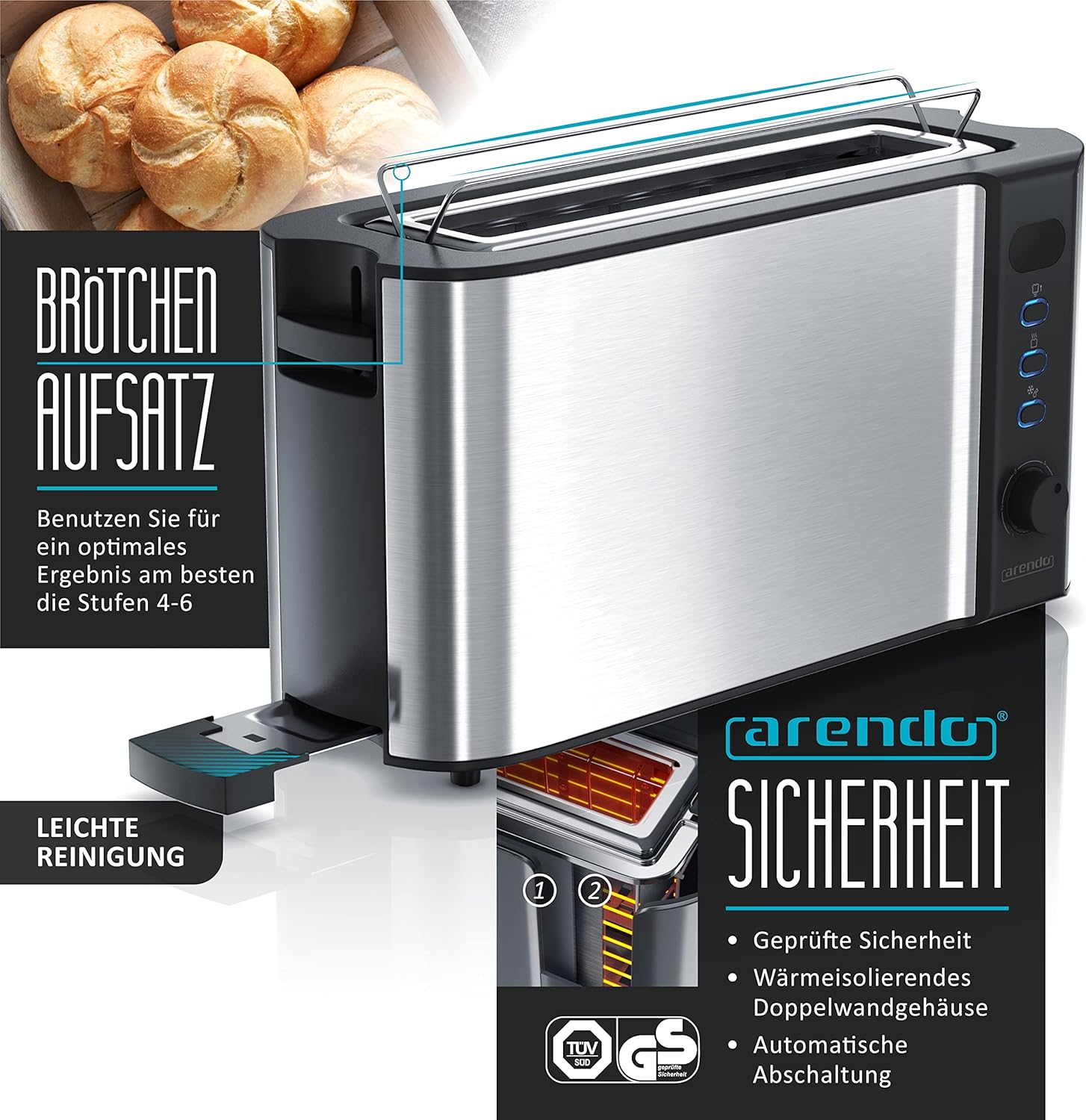Arendo - Wasserkocher mit Toaster SET, Edelstahl Silber Wasserkocher 1,5L 40° - 100°C Warmhaltefunktion Toaster 2 Scheiben Display 6 Bräunungsgrade Brötchaufsatz
