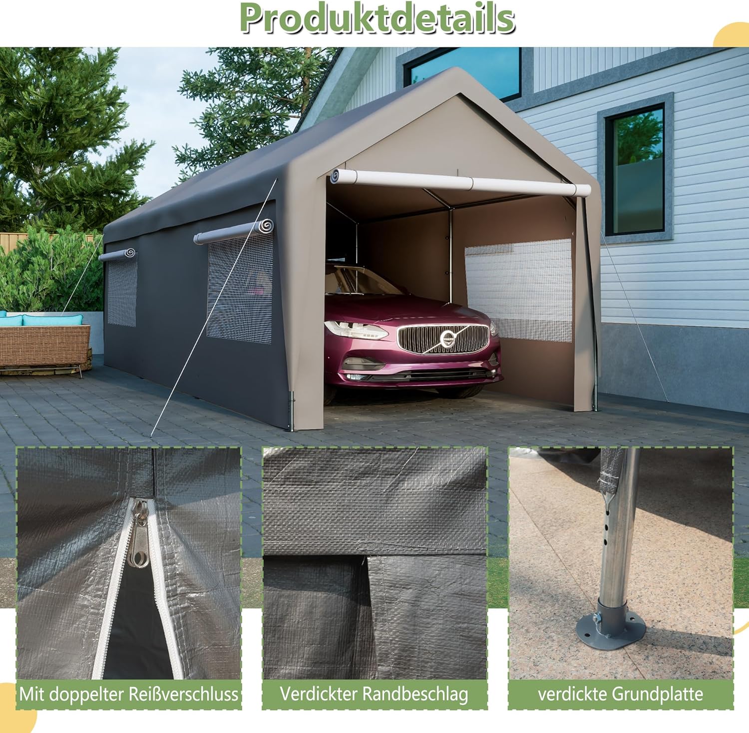 Carport Garage Zelt 3x6m, Grau – Winterfest mit Roll-Up-Fenstern, Abnehmbaren Seitenwänden & Dach – Lagerzelt, Stallzelt, Schutzabdeckung für Auto, SUV, Boot & LKW (10X20 FT Grau)