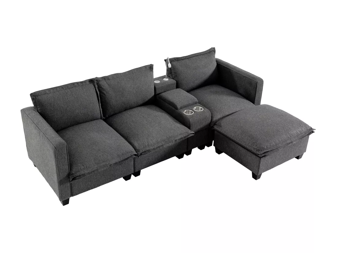 Canapé 3 places en chenille - avec USB et liseuse - avec porte-gobelet et avec repose-pieds - Gris