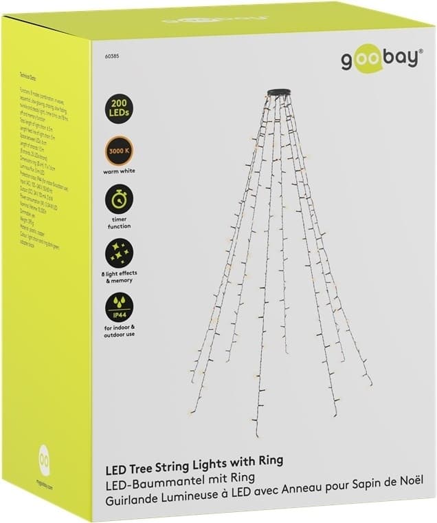 Goobay 200 LED lyskæde med ring til juletræ med timer og hukommelsesfunktion, 8 lysindstillinger, 24 V ekstern transformer, varm hvid (3000 K), til indendørs og udendørs brug (IP44)