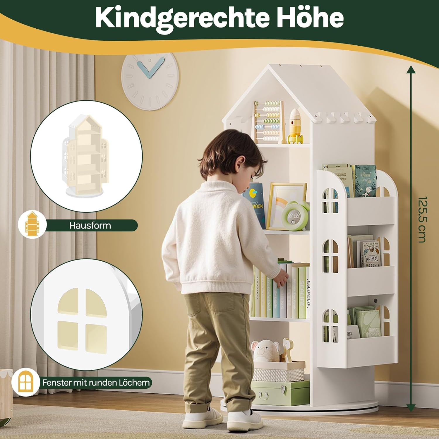 WOLTU Drehbares Bücherregal Kinder, Kinderregal Kinderbücherregal, Mit 4 Ebenen 2 Seitenregalen, Regal Hausform, 63x125x59 cm, Weiß