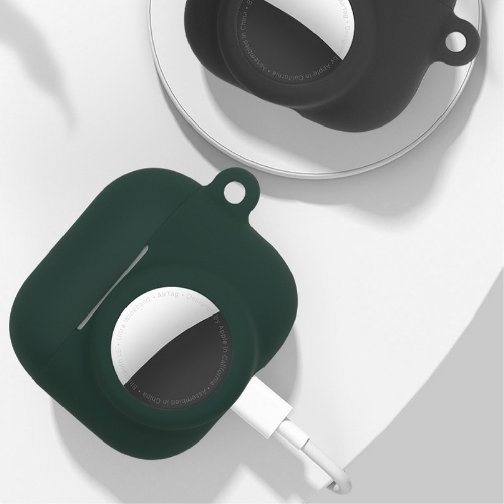 2in1 AirPods (3. Generation)   AirTag Silikon Case Schutzhülle Abdeckung mit Karabinerhaken - Rosa