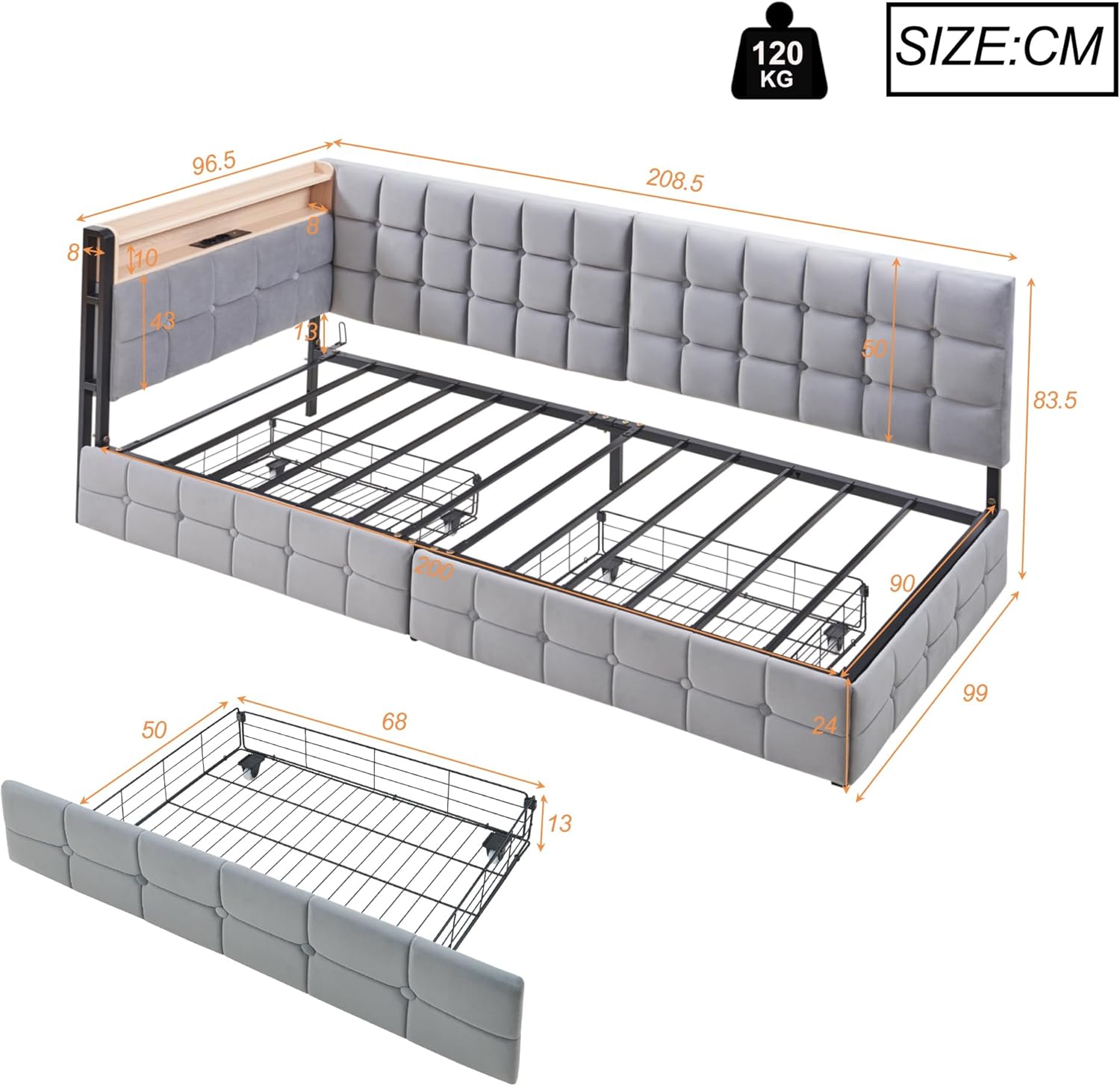 Polsterbett Schlafsofa 90x200 cm mit 2 Schubladen, Einzelbett mit LED Leuchten, USB und Typ-C-Anschluss, Metallbettgestell, Jugendbett Daybett, Samt, Hellgrau, ohne Matratze