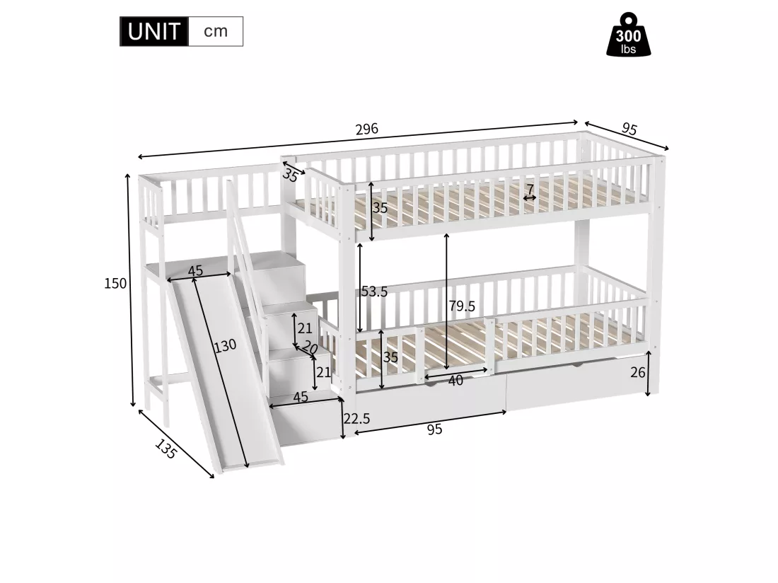 Lit superposé en bois et MDF - 90x200 cm - avec toboggan et escalier - Blanc(sans matelas)