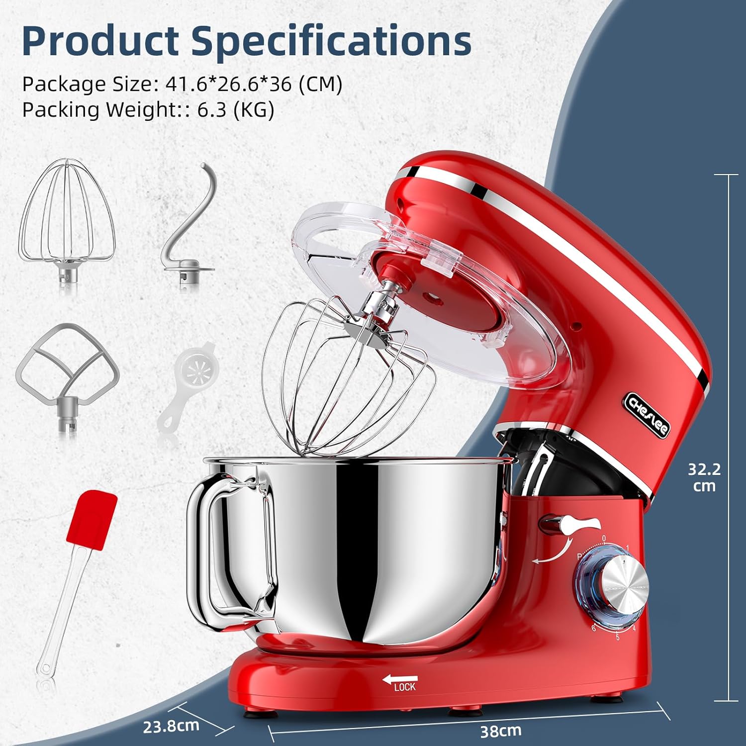 CHeflee Küchenmaschine Teigmaschine 2000W Knetmaschine,Mit 6.2L EdelstahlschüSsel,6 Geschwindigkeit Reduzierte GeräUsche,Mit RüHrbesen,RüHrhaken,SpritzwassergeschüTzter Knetmaschine Mit Knethaken