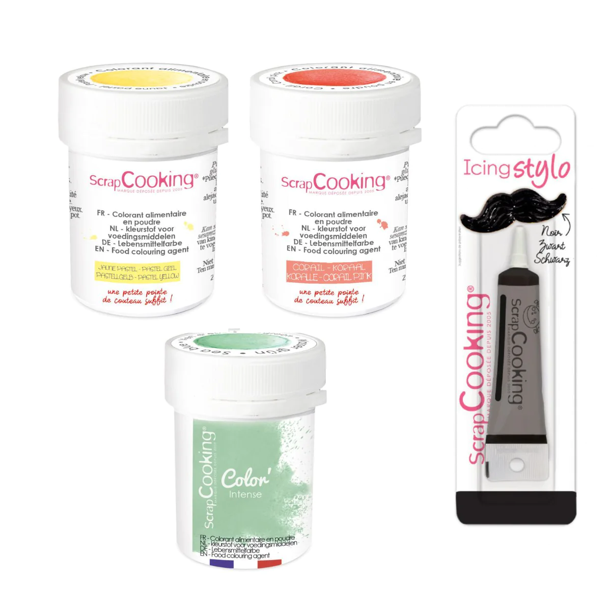 3 colorants alimentaires en poudre Corail/ jaune pastel/ vert d'eau +