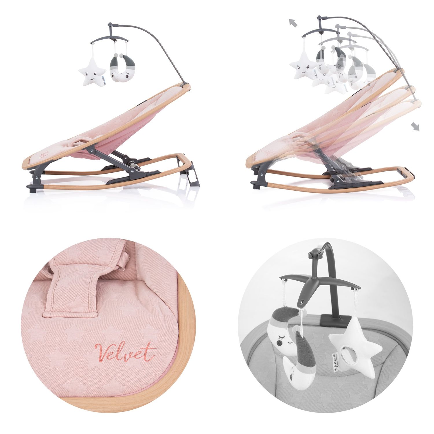 Chipolino Babywippe Velvet faltbar Spielbogen Holzoptik Sicherheitsgurt bis 9 kg rosa