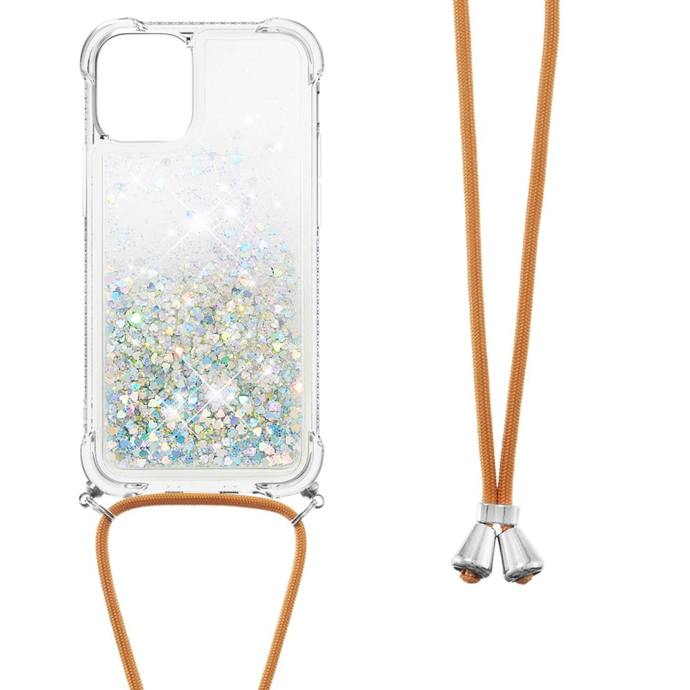 iPhone 13 Necklace Gummi Hülle Liquid Glitzer   Handykette (130cm) - Braun / Silber