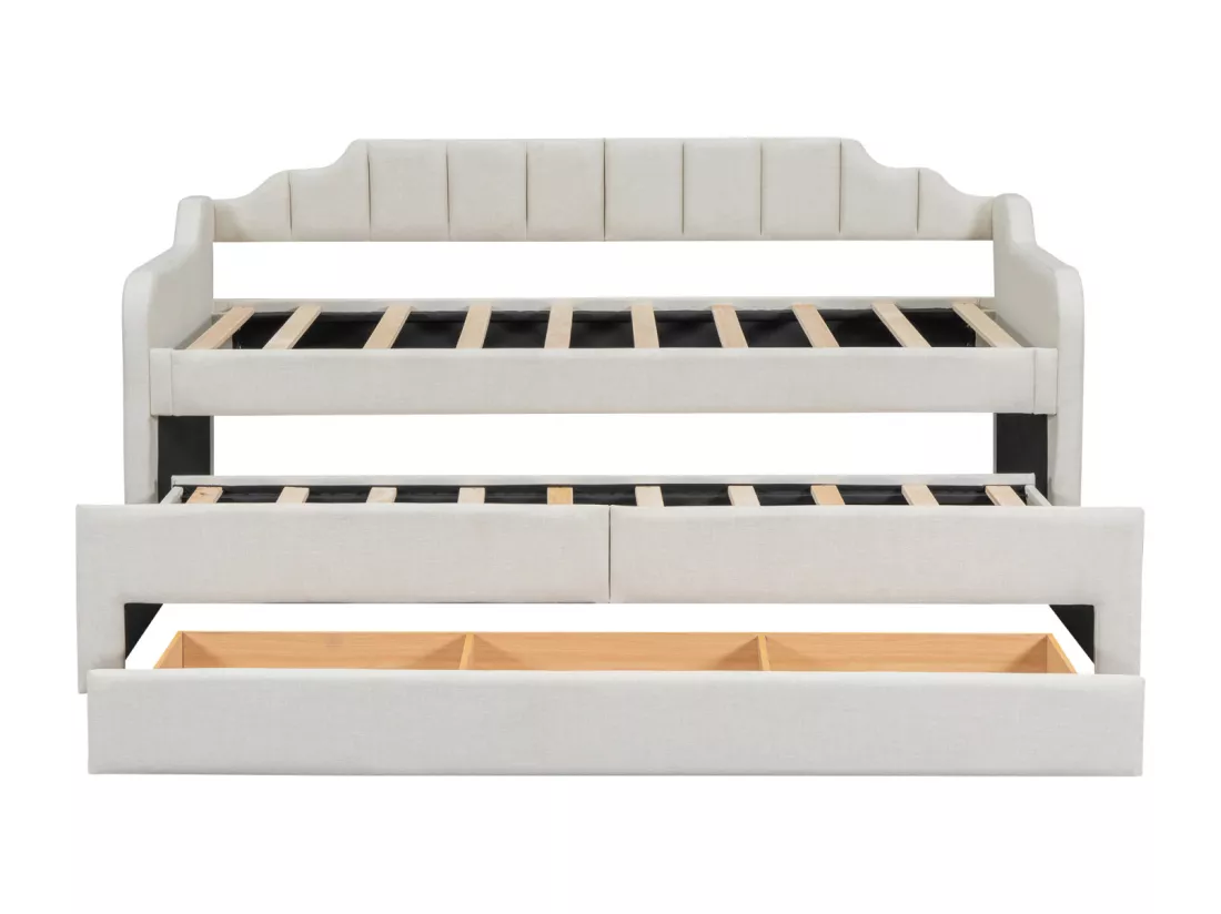 Lit gigogne 90x200+90x190cm, lit d'enfant capitonné avec caisson à roulettes, tiroirs, canapé-lit, beige