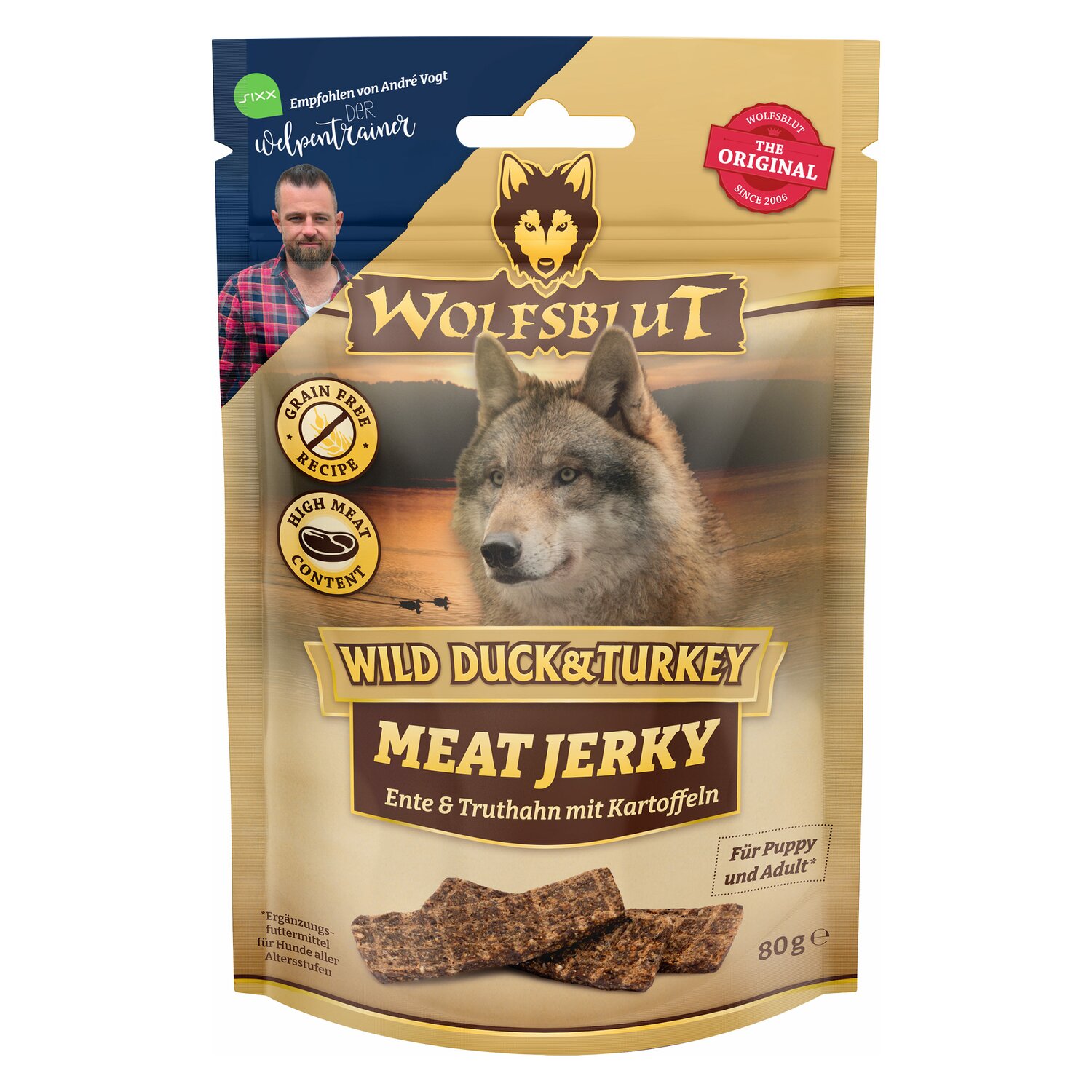 WOLFSBLUT Hundesnack Meat Jerkys - 80g - Ente/Truthan