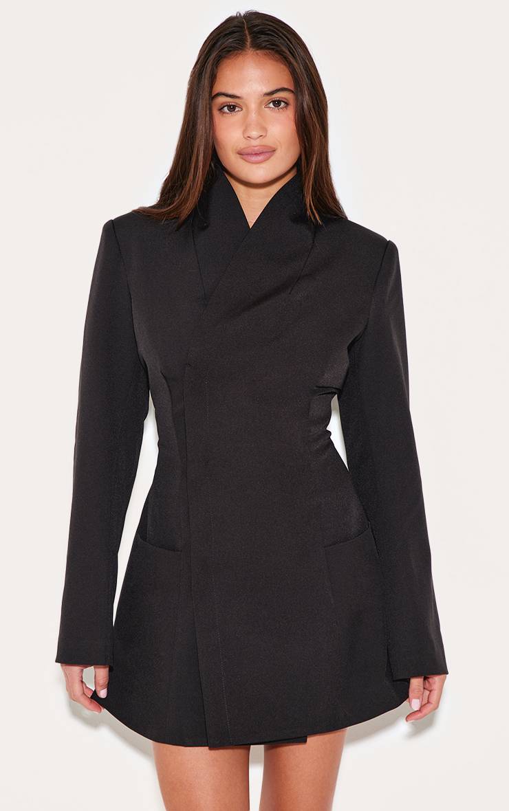 Noir Robe Blazer Tissée Sans Col