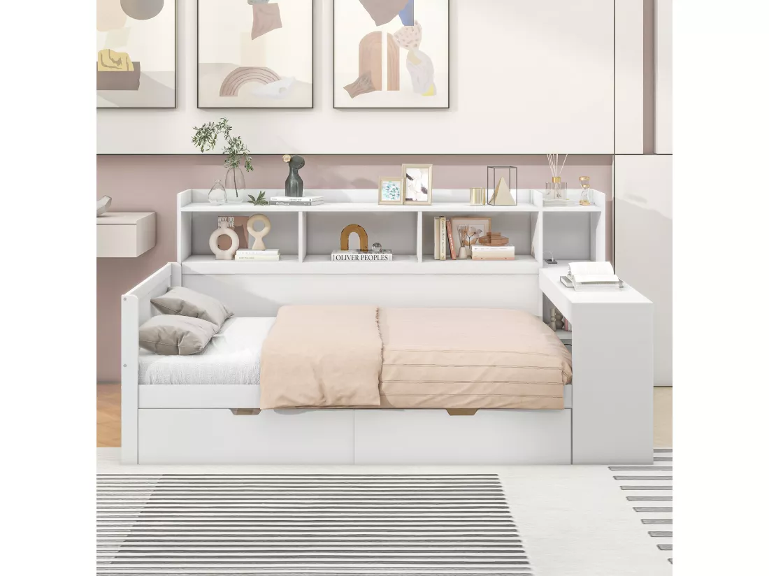Lit banquette 90x200cm - bureau avec prise USB - 2 tiroirs & étagères - Blanc (matelas non inclus)