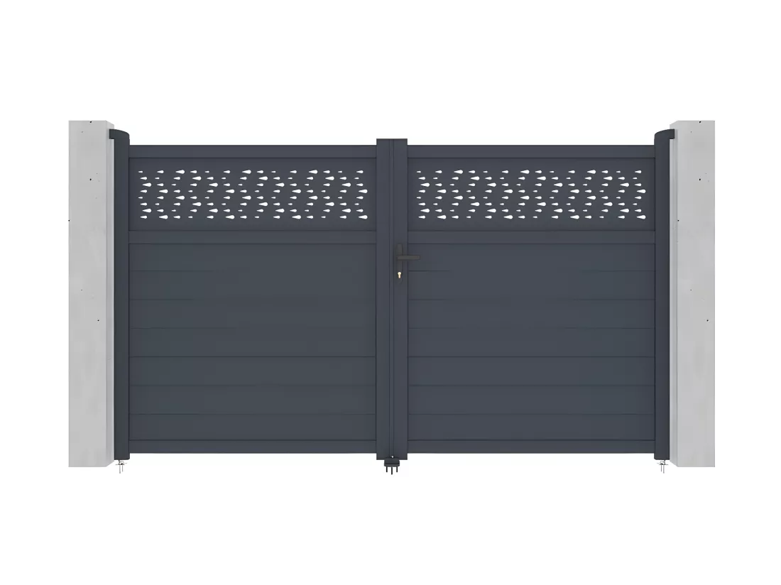 Portail électrique battant aluminium semi plein à motifs L305 x H181 cm anthracite - BAZIO
