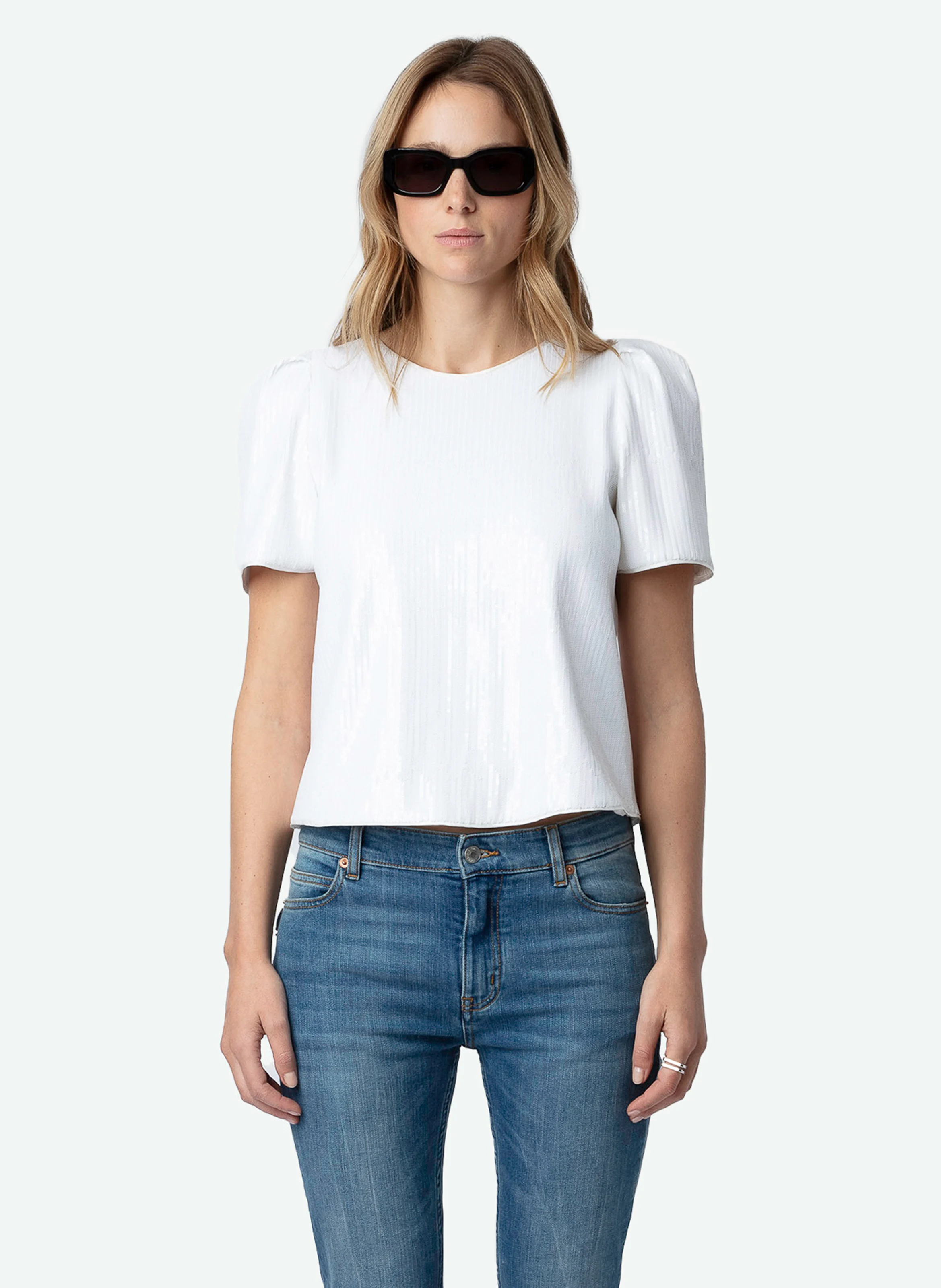 TCHAO - Top col rond à rayures sequins en coton stretch| Blanc