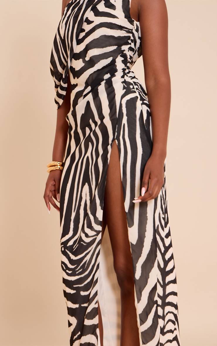 Marron Robe Longue En Mousseline Imprimé Zèbre Avec Détail Drapé