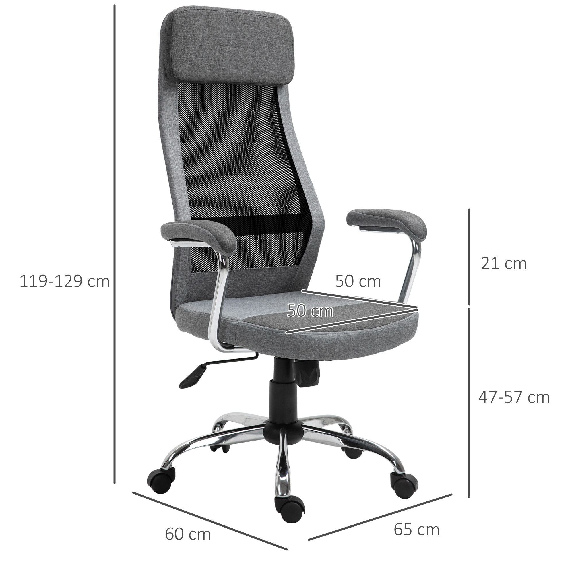Vinsetto Bürostuhl ergonomisch und mit hoher Rückenlehne Hellgrau, Schwarz 65 x 60 x 119 - 129 cm (LxBxH)