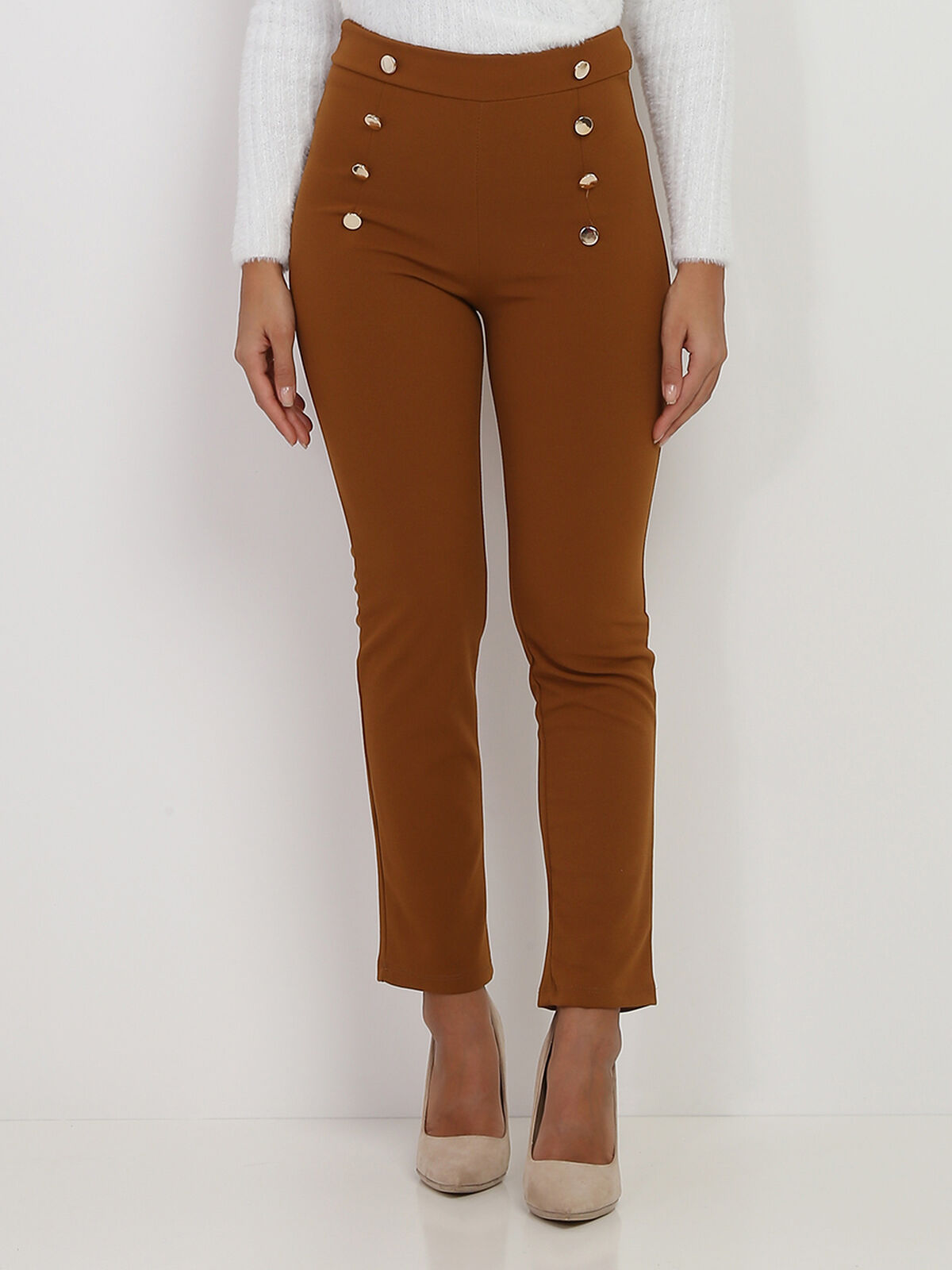 Pantalon taille haute à boutons- Camel