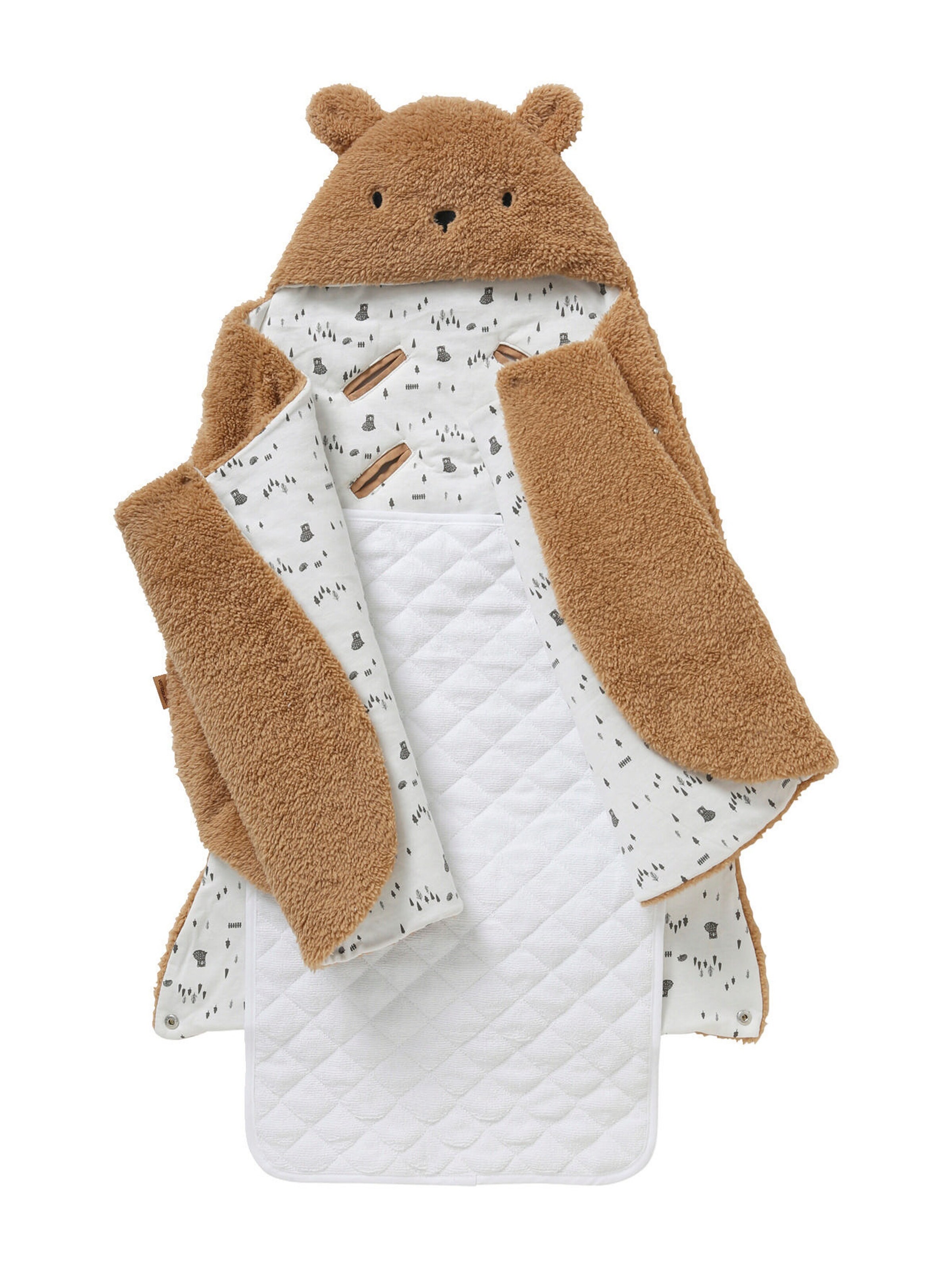 Vertbaudet 2-in-1 Baby Ausfahrsack/Wickelunterlage, Plüsch braun/bär grüner wald